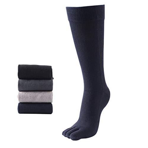 Mens Knee High Toe Socks Cotton Five Finger Socks Sports Running Long Tube Calf Socks, 4 Pairs
