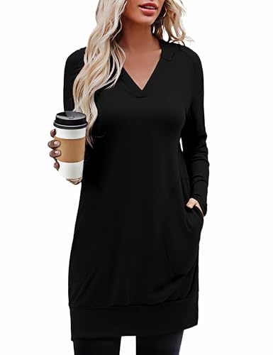 Totatuit Oversized Hooded Sweatshirt Dress for Women Long Sleeve V-Neck Hoodies Dress with Pockets Pullover Sweatshirt Casual Fall Outfits Black XXL