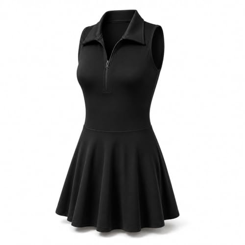Image of Yu & Me PARIS Womens Athletic Tennis Dress with Built-in Bra & Inner Shorts – Sleeveless Zip Front Sports Dress with Pockets – Quick Dry Workout Golf Activewear (Black, S/M, 6-10)