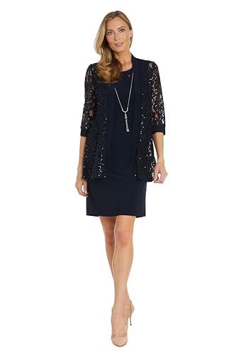 Image of R&M Richards Women's Embellished Sequin Lace Jacket and Shift Dress with Necklace for Mother of the Bride & Cocktail Party