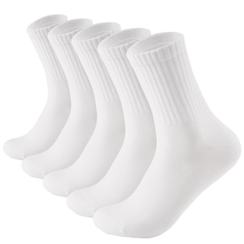 INRIVUS Crew Socks Mens Dress Socks Combed Cotton Calf Business Formal Soft and Breathable Mid Length Athletic White Socks 5 Pairs