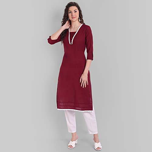 Image of Cotton Casual Maroon Solid Kurta for Girls and Women in 45 Inch Length
