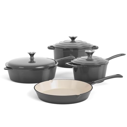 DishDelight Enameled Cast Iron Cookware Set, 7 Piece Set of Dutch Ovens, Sauce Pan, Skillet, 3 Lids, Ceramic Coated Cast Iron Dutch Oven Set, Round Dutch Oven Pot for Sourdough Bread Baking, Gray