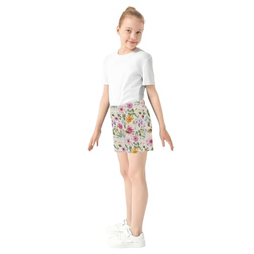 Girls Lounge Shorts Floral Colorful Flowers Print Beige Comfy Summer Athletic Pajama Teens Kids Clothes, X-Small4