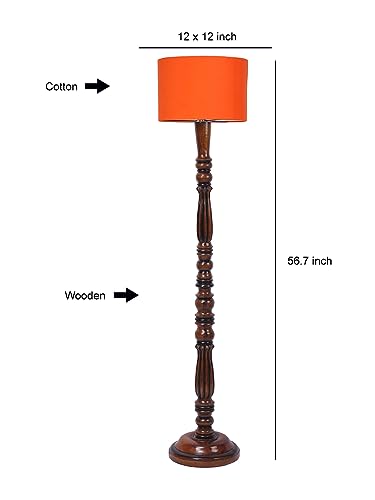 Image of Cotton Shade Floor Lamp with Wooden Base - Height 56 Inches, Orange | Modern Standing Lamp for Living Room, Bedroom, Office | Stylish & Decorative Home Lighting | Elegant Decor