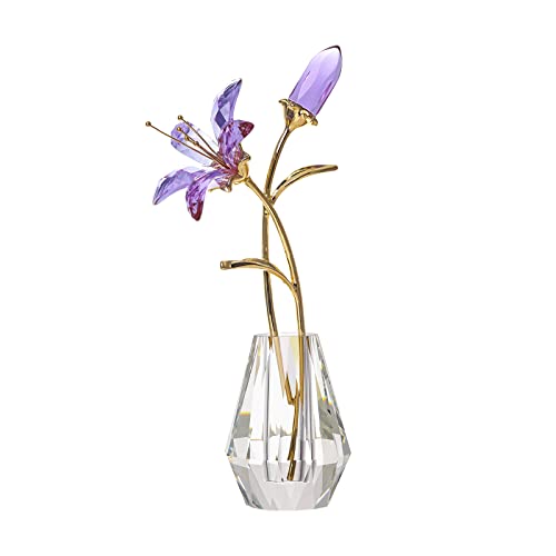 LONGWIN Fleurs de lys tigré artificielles en Cristal Violet avec Vase, Figurines de Collection en Verre pour décoration de Maison et Mariage