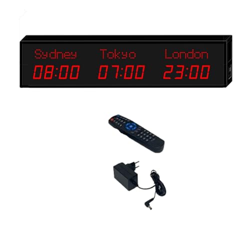 MhWrughts Orologio Mondiale, Orologio Digitale a LED con Diversi fusi orari - Orologio Mondiale con Telecomando, Città modificabile, 3 Livelli di luminosità per Hotel e uffici,2-allred-3City