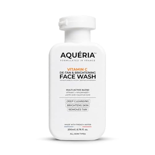 Image of Aqueria De-Tan & Brightening Vitamin C Face Wash | With Lactic Acid & Niacinamide | Deep Cleansing Face Cleanser for Tan Removal, Pigmentation, Dark Spots, Dull & Uneven Skin Tone | Brightens Skin & Gently Exfoliates | Non-Drying Formula for All Skin Types | 200ml | Men & Women Gentle Cleanser
