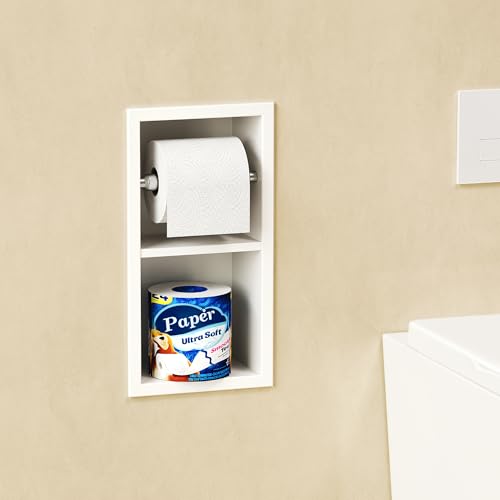 Qeke Einbau Toilettenpapierhalter, Nische WC-Papierhalter aus Edelstahl, Klopapierhalter mit WC Rollenhalter und Aufbewahren, Wandmontage, Doppelschicht, 34x18cm, Weiß