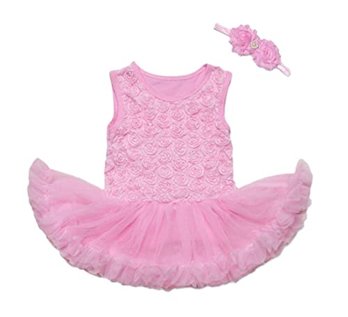 Ding Dong Baby Girl Summer Flower Ruffles Tutu Dress Romper+Headband Sets Outfit(Pink,0-3M)