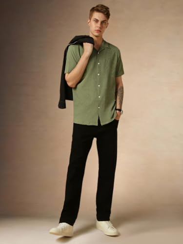Image of Dennis Lingo Men's Half Sleeve Cuban Collar Solid Textured Relaxed Fit Casual Shirt