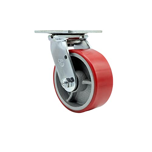 Polyurethane on Cast Iron Swivel Top Plate Heavy Duty Caster with 5 Inch Red Wheel – 1,000 lbs. Capacity/Caster - Service Caster Brand