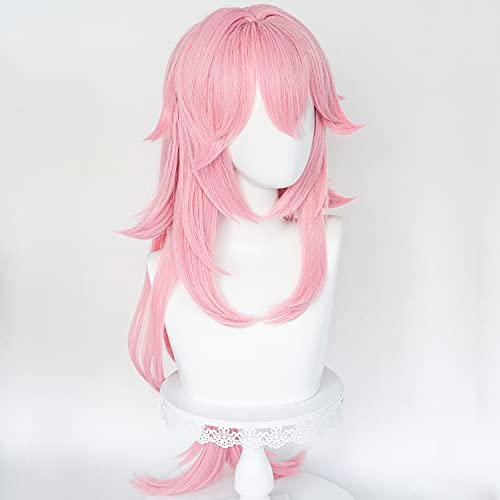 Image of LABEAUTE Pink Cosplay Wig for Yae Miko Long Anime Curly Sakura Straight Hair Wig with Ponytails for Halloween Party Include Cap