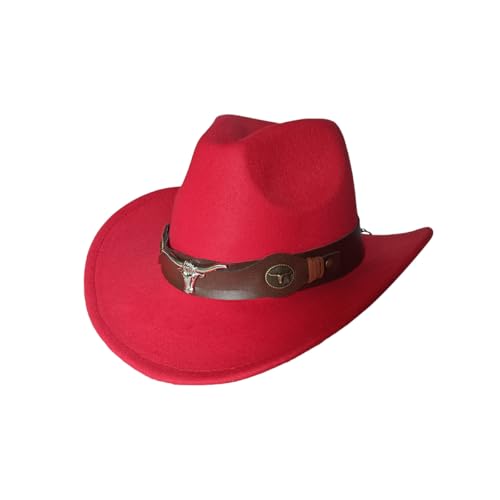 Punctualgood Classic Western Cowboy Cap for Men Womens Wide Brim Fedora Cowgirl Hat with Wide Belt Red