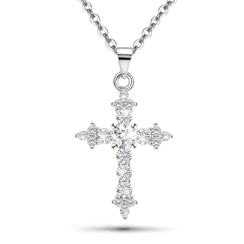 Silver Cross Necklace for Women White Gold CZ Easter Necklace Cubic Zirconia Diamond Pendant Necklaces Sparkling Dainty Moissanites Jewelry Easter Gifts for Daughter Birthday ,16+3inch Necklace Chain