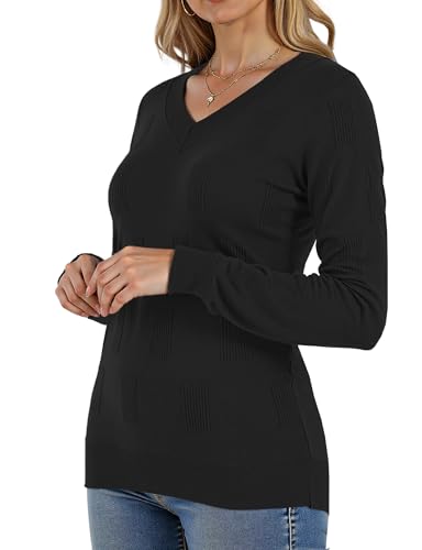 Image of Buauty Womens Fashion V Neck Long Sleeve Knitted Ribbed Pullover Sweaters Casual Lightweight Loose Fit Jumper Tops