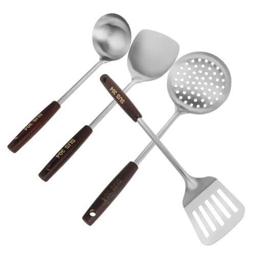 OFFSCH 4Pcs Stainless Steel Wok Spatula Set with Elegant Wooden Handles Multifunction Cooking Utensils for Stir Fry and Draining Kitchen Tools for Daily Use