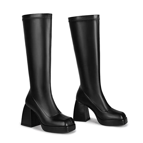 DOBOYG Knee High Boots Women Platform Chunky Block Heel Stretchy Square Toe Tall Patent Leather Long Boots4