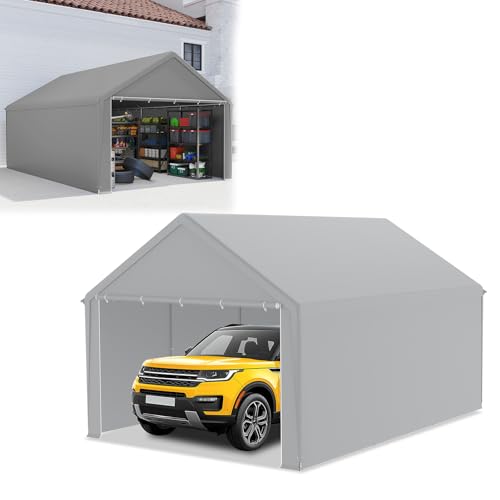 NAIZY Carport, 4 x 6 m, avec parois latérales amovibles, grande tente de garage, tente de rangement, protection UV, coupe-vent, résistant à l'hiver, gris