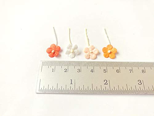 Plflower Set Of 50 Tiny Flower Mixed Tone Orange Embellishment With Thread Stem Mulberry Paper Flower Size 0.30" Very Small Orange1 Craft Handmade Wedding Scrapbook For So Many Card Craft Projects #TOP2