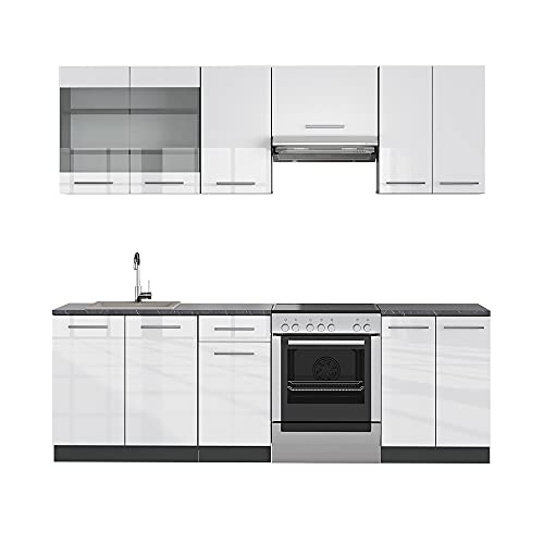 Vicco Küchenzeile Fame-Line, Weiß Hochglanz/Anthrazit, 240 cm ohne Arbeitsplatte, zur individuellen Erweiterung mit zusätzlichen Modulen geeignet