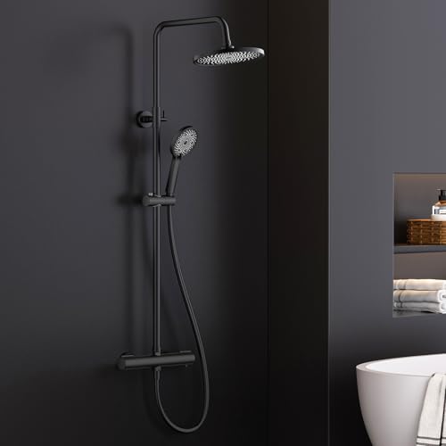 FORIOUS Set Grifo de Ducha Termostático, Set Columna de Ducha de Acero Inoxidable con Barra de Ducha Ajustable en Altura, Ducha de Lluvia Redonda de 25 cm, Ducha de Mano con 3 Tipos de Chorro
