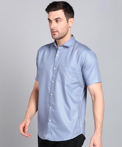 Image of MILDIN Men's Cotton Blend Solid Shirt with Spread Collared Half Sleeve Curved Hemline Button Closure Regular Fit and One Pocket | Half Sleeve Shirt for Men