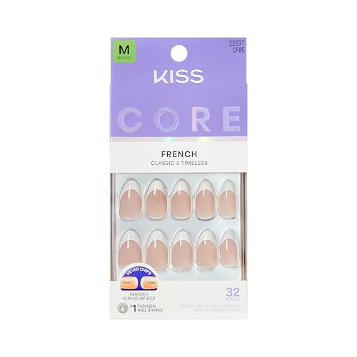 Kiss CORE, Press On Nails, Nail glue included, 'Curiosity', White, Medium Size, Almond Shape, Includes 32 Nails, 2g Glue, 1 Manicure Stick, 1 Mini File
