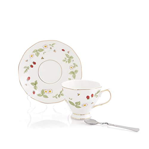 Mostden Fine Bone China 15-Piece Coffee Cup/Tea Cup Set,1 Teapot 1 Sugar Bowl 1 Cream Pitcher, 4 Cups And Saucers,4 Teaspoons Garden Series Mulberry #TOP3
