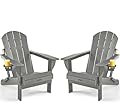 Ciokea Folding Adirondack Chair 2 Pack, Patio Adirondack Chair Weather Resistant, Plastic Fire Pit Chair with Cup Holder, Lawn Chair for Outdoor Porch Garden Backyard Deck (Grey)