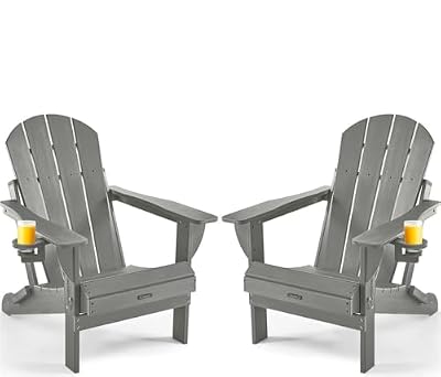 Ciokea Folding Adirondack Chair 2 Pack, Patio Adirondack Chair Weather Resistant, Plastic Fire Pit Chair with Cup Holder, Lawn Chair for Outdoor Porch Garden Backyard Deck (Grey)