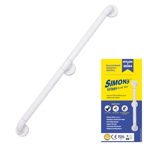 Image of Simon's Grippy Heavy-Duty Nylon and SS304 Inside Bathroom and Toilet Anti Slip Grab bar with 2 Legs for Elderly Hand Railing and Safety Handle| White | 3.5 cm Broad, 90 cm Length Grab Rail - 1pc