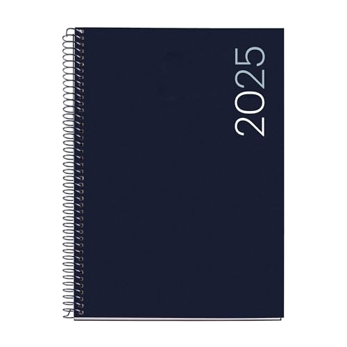 Miquelrius Agenda annuel 2025, 155 x 213 mm, un jour par page, couverture souple polypropylène, spirale, papier 80 g/m², espagnol, anglais et portugais, couleur bleu marine