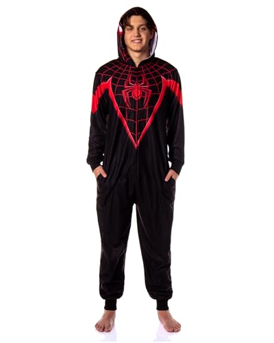 Marvel Spider-Man Miles Morales Union Suit Adult One Piece Hooded Pajamas (Large/X-Large) Black