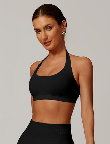 ABOCIW Women Seamless Halter Sports Bra Open Back Padded Gym Workout Crop Tank Tops Low Impact Bra4