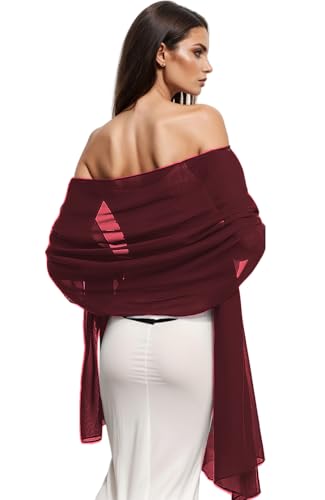 Wander Agio Womens Shawl Party Wraps Evening Dress Bridesmaid Long Scarves for Wedding Lightweight Chiffon Translucent Dark Red 17