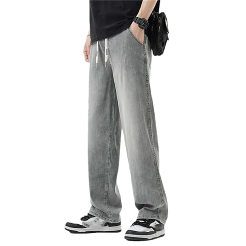 Hndudnff Men's Casual Elastic Waist Jeans Summer Thin Straight-Leg Stretchy Wide-Leg Denim Pants