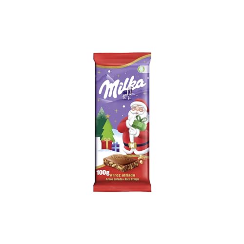 Milka Tableta Navideña de Chocolate con Leche de los Alpes Relleno y Arroz Inflado, Edición Especial Navidad - 100g