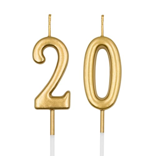 20th Birthday Candles, Champagne Gold Number 20 Candle for Cake, Happy Birthday Cake Topper Decoration for Birthday Anniversary Celebration Party Supplies