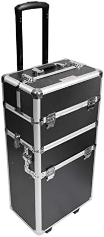 360-Degree Aluminum Rotating Castors Cosmetic Case Trolley Rolling Makeup Train Case Barber Salon Lockable Travel Case, with Sliding Drawers,Removable Dividers Black