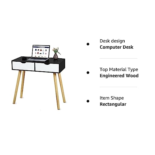 Image of Shoppee Engineered Wood Desk with 2 Drawers for, Computer Desk with Storage Shelves, Makeup Vanity Desk, Modern Writing Study Table Home Office Desks for Bedroom (Black White)