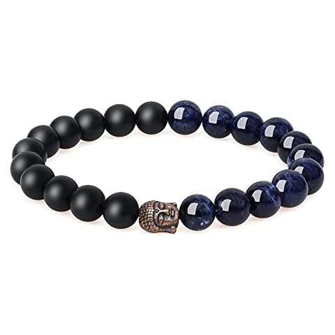 COAI Pulsera Budista Unisex con Cuentas de Ónix Mate y Sodalita y Amuleto Cabeza de Buda Cover