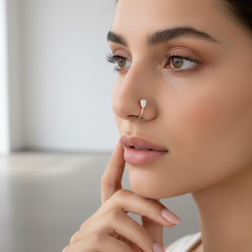 Image of Nilu's Collection Rose Gold American Diamond Non Piercing Nose Pin for Women | Elegant Flower Nose Stud | Minimal Clip-On Nose pin | Anti-Allergy | Anti-Tarnish | Office Wear | Daily Wear | office Wear | Non Piercing
