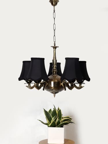 Image of Devansh 05 Lights Black Vintage Cotton Shade with Antique Golden Chandelier -M