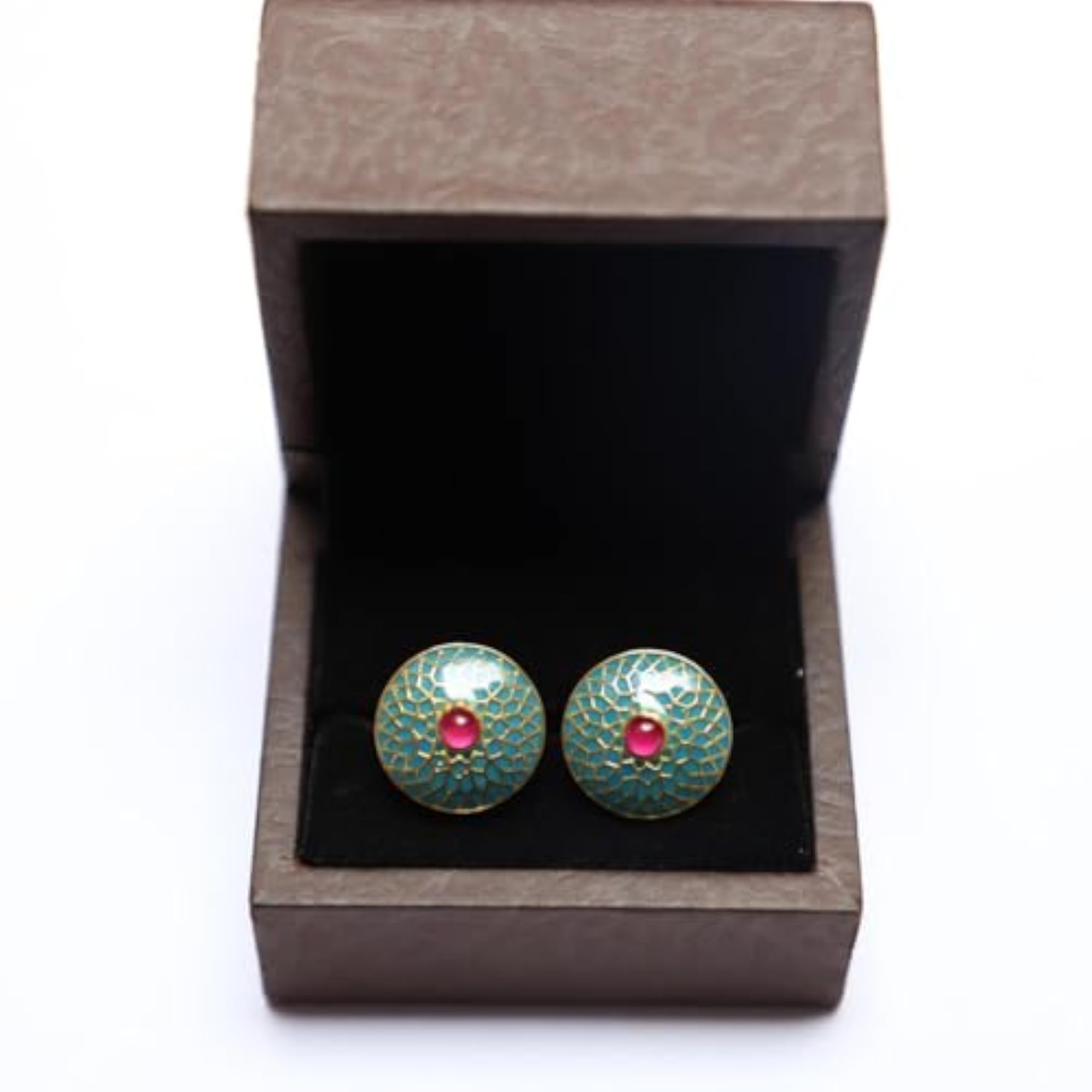 Men's Blue Topaz Enamel Red Stone Round Shape Cufflinks, Sterling Silver