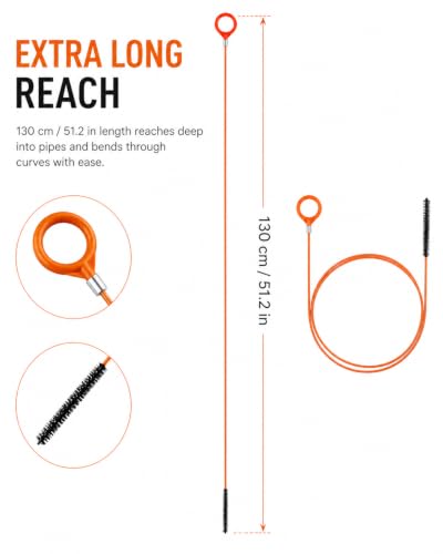 Destapacaños para cabello, 3 unidades de 130 cm, destapador flexible para tuberías, diseño reforzado en espiral para obstrucciones profundas en fregaderos, duchas y bañeras, uso seguro para destapar sin dañar las cañerías miniatura 5