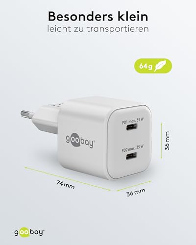 Goobay USB-C™ Pd Gan - Caricatore Doppio Rapido Nano 35 W, Bianco, Alimentatore A 2 Porte, Caricatore Compatto Per Cellulare, Tablet, Fotocamera, Power Delivery, Adattatore Da Viaggio, 75334 - 2