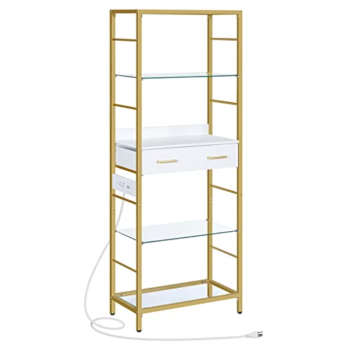 Hoobro Bookcase, Modern Bookcase With Charging Station, Glass Bookshelf, Bookcase With Drawer For Home Office, Suitable For Living Room, Study, Bedroom, Gold And White Dw65Usj01 #TOP8
