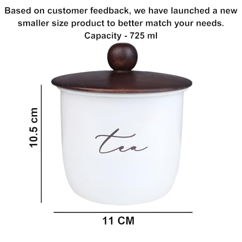 Image of Kitchen Canister Set of 4, White Metal with Wooden Lid, Tea Sugar Coffee Salt Storage Jars, 800ml, 11x15 cm | Food-Safe Jar Set for Kitchen counter top Container