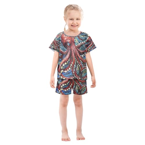 ALAZA Octopus Blue Red Fantasy Pajamas Set Short Sleeve Cotton Sleepwear Summer Pjs 2 Piece 5-14Y3